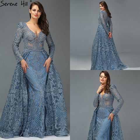 Dubai  Muslim Blue Luxury Long elegant Evening Dresses 2025 Crystal Mermaid Evening Gowns Plus Size LA70159