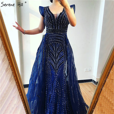 Dubai Navy Blue Deep-V Sexy Evening Dresses 2025 Sleeveless Crystal Luxury Mermaid Evening Gowns Design LA70198