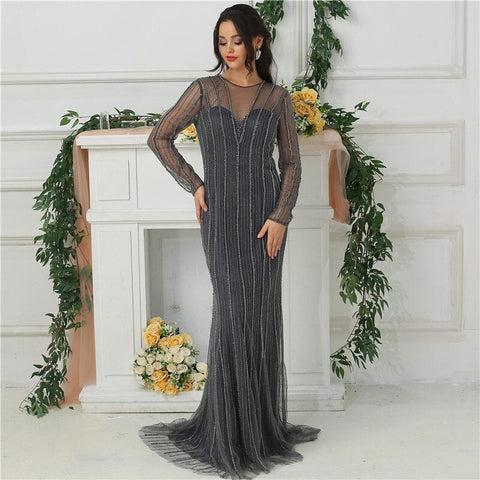 Rebajas en Dubái. Nuevos vestidos de noche de sirena dorados, moda 2025. Vestido de fiesta de noche sexy y lujoso con mangas largas y pedrería (LA6629). 