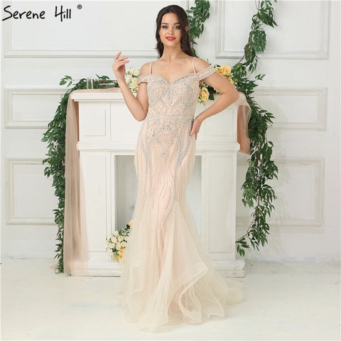 Sale Dubai Nude Boat Neck Luxury Sexy Evening Dresses  Diamond Pearls Off Shoulder Evening Gowns 2025 Real Photo LA6696