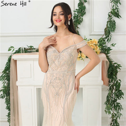 Sale Dubai Nude Boat Neck Luxury Sexy Evening Dresses  Diamond Pearls Off Shoulder Evening Gowns 2025 Real Photo LA6696