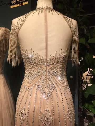 Dubai Nude Mermaid Luxury O-Neck Evening Dresses 2025 Short Sleeves Beading Tassel Formal Dress LA70646