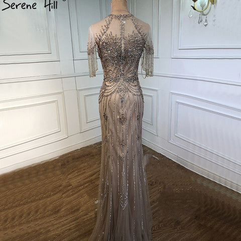 Dubai Nude Mermaid Luxury O-Neck Evening Dresses 2025 Short Sleeves Beading Tassel Formal Dress LA70646