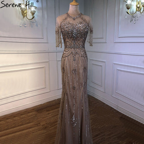 Dubai Nude Mermaid Luxury O-Neck Evening Dresses 2025 Short Sleeves Beading Tassel Formal Dress LA70646