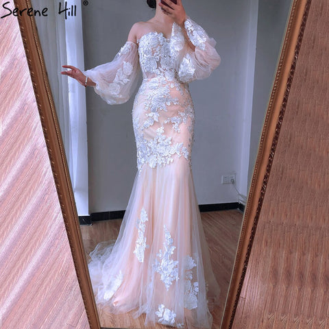 Dubai Nude White Mermaid Sexy Wedding Dresses 2025 Lantern Sleeve Flowers Beading Bridal Gowns LA70417 Custom Made