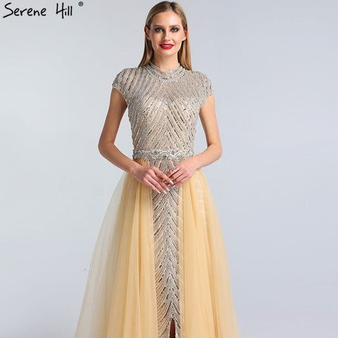 Dubai O-Neck Cap Sleeve Beading Evening Dresses 2025 Nude Sexy Mermaid Formal Dress Plus Size LA60777