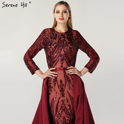 Dubai Peach Luxury Mermaid Vintage Evening Dress Sequined Long Sleeves With Train Evening Gowns 2025 LA6613