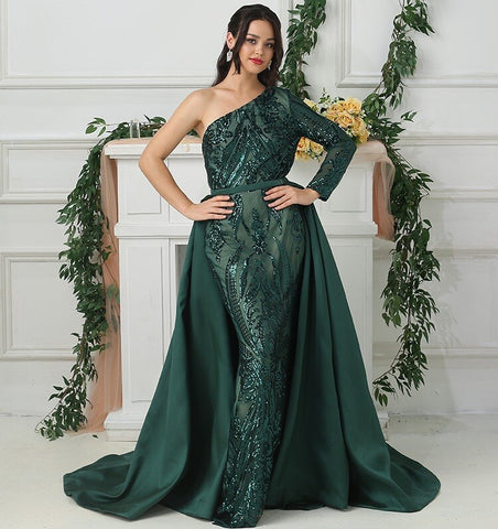 Dubai Peach Luxury Mermaid Vintage Evening Dress Sequined Long Sleeves With Train Evening Gowns 2025 LA6613