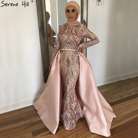 Dubai Peach Luxury Mermaid Vintage Evening Dress Sequined Long Sleeves With Train Evening Gowns 2025 LA6613