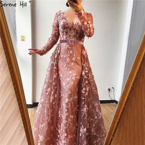 Sale Dubai Pink Long Sleeves Tulle Evening Dresses 2025 Handmade Flowers V-Neck Sexy Formal Dress LA60994