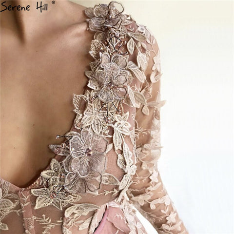Sale Dubai Pink Long Sleeves Tulle Evening Dresses 2025 Handmade Flowers V-Neck Sexy Formal Dress LA60994