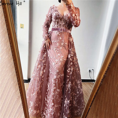 Sale Dubai Pink Long Sleeves Tulle Evening Dresses 2025 Handmade Flowers V-Neck Sexy Formal Dress LA60994