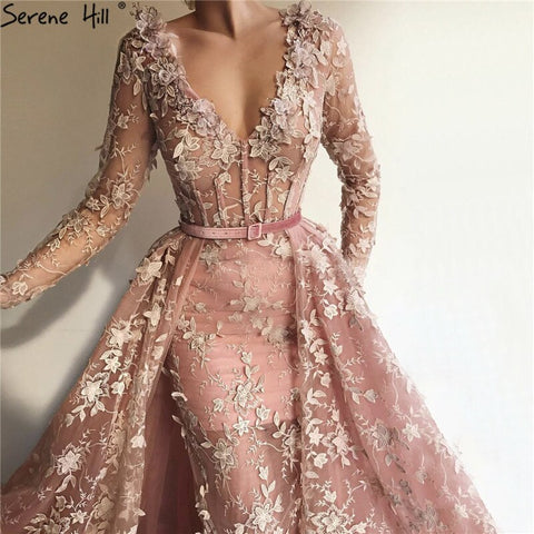 Sale Dubai Pink Long Sleeves Tulle Evening Dresses 2025 Handmade Flowers V-Neck Sexy Formal Dress LA60994