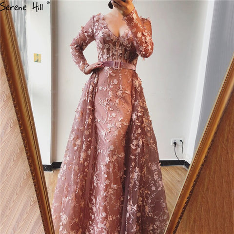 Sale Dubai Pink Long Sleeves Tulle Evening Dresses 2025 Handmade Flowers V-Neck Sexy Formal Dress LA60994