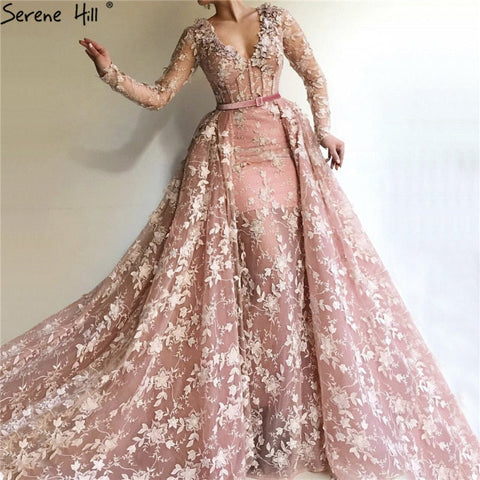 Sale Dubai Pink Long Sleeves Tulle Evening Dresses 2025 Handmade Flowers V-Neck Sexy Formal Dress LA60994