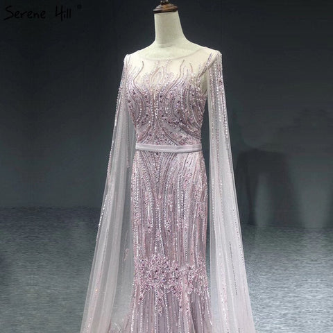 Dubai Pink Luxury Long Sleeves Evening Gowns 2025 Mermaid Sequins Beading Sexy Fromal Dresses LA70160