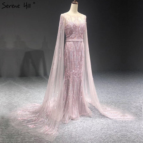 Dubai Pink Luxury Long Sleeves Evening Gowns 2025 Mermaid Sequins Beading Sexy Fromal Dresses LA70160