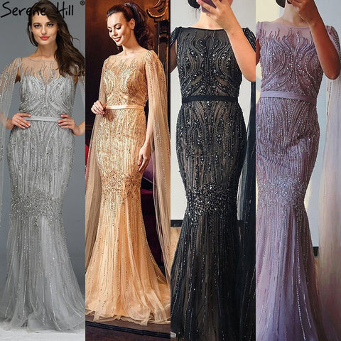 Dubai Pink Luxury Long Sleeves Evening Gowns 2025 Mermaid Sequins Beading Sexy Fromal Dresses LA70160