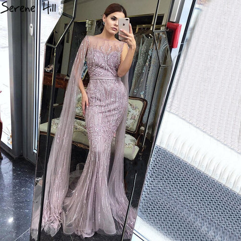 Dubai Pink Luxury Long Sleeves Evening Gowns 2025 Mermaid Sequins Beading Sexy Fromal Dresses LA70160
