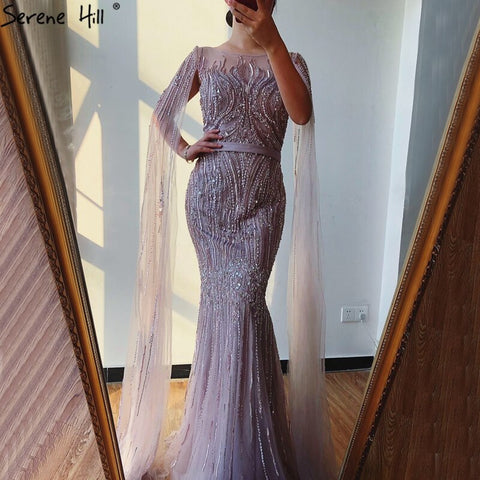Dubai Pink Luxury Long Sleeves Evening Gowns 2025 Mermaid Sequins Beading Sexy Fromal Dresses LA70160