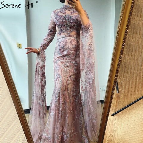 Dubai Pink Mermaid Luxury Evening Dresses 2025 Long Sleeves Crystal Beading Formal Dress LA70595