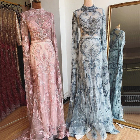 Dubai Pink Mermaid Luxury Evening Dresses 2025 Long Sleeves Crystal Beading Formal Dress LA70595