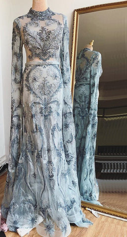 Dubai Pink Mermaid Luxury Evening Dresses 2025 Long Sleeves Crystal Beading Formal Dress LA70595