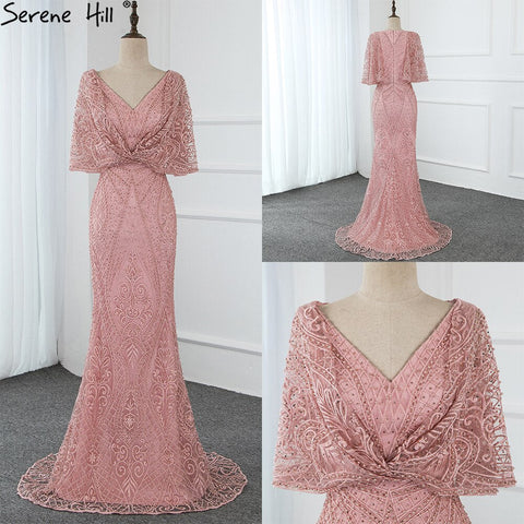 Dubai Pink V-Neck Pearls Lace Evening Gowns 2025 Half Sleeves Mermaid Sexy Elegant  Formal Evening Dresses LA70156