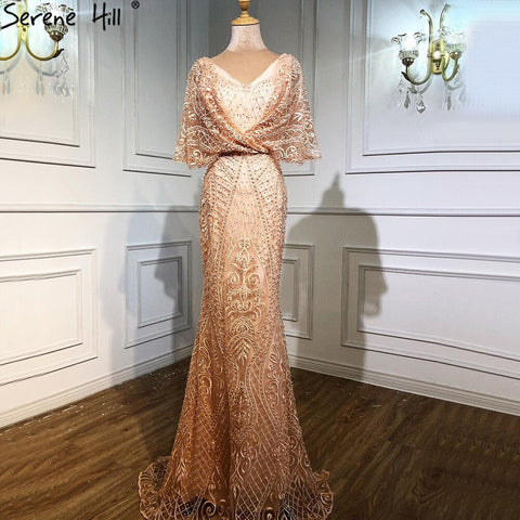 Dubai Pink V-Neck Pearls Lace Evening Gowns 2025 Half Sleeves Mermaid Sexy Elegant  Formal Evening Dresses LA70156