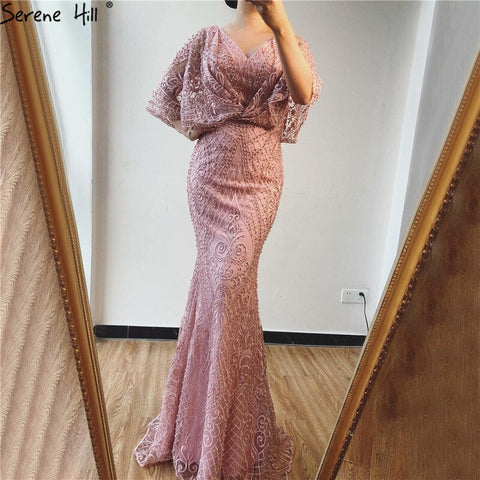 Dubai Pink V-Neck Pearls Lace Evening Gowns 2025 Half Sleeves Mermaid Sexy Elegant  Formal Evening Dresses LA70156