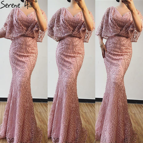 Dubai Pink V-Neck Pearls Lace Evening Gowns 2025 Half Sleeves Mermaid Sexy Elegant  Formal Evening Dresses LA70156