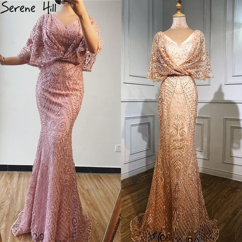 Dubai Pink V-Neck Pearls Lace Evening Gowns 2025 Half Sleeves Mermaid Sexy Elegant  Formal Evening Dresses LA70156