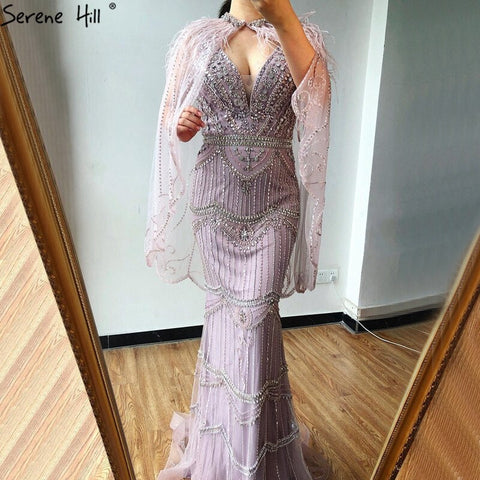 Dubai Purple V-Neck Mermaid Sexy Evening Dresses 2025 Sleeveless Shawl Yarn Feathers Formal Dress LA70171A