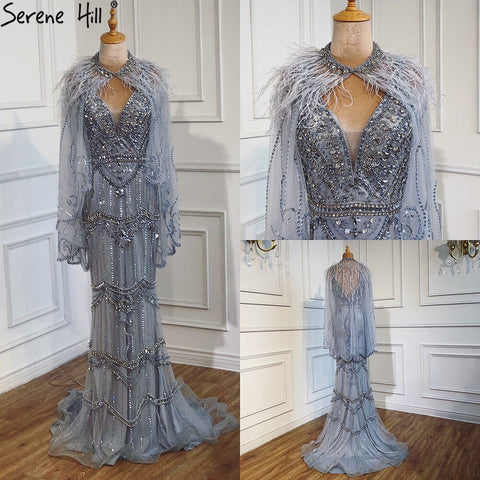 Dubai Purple V-Neck Mermaid Sexy Evening Dresses 2025 Sleeveless Shawl Yarn Feathers Formal Dress LA70171A