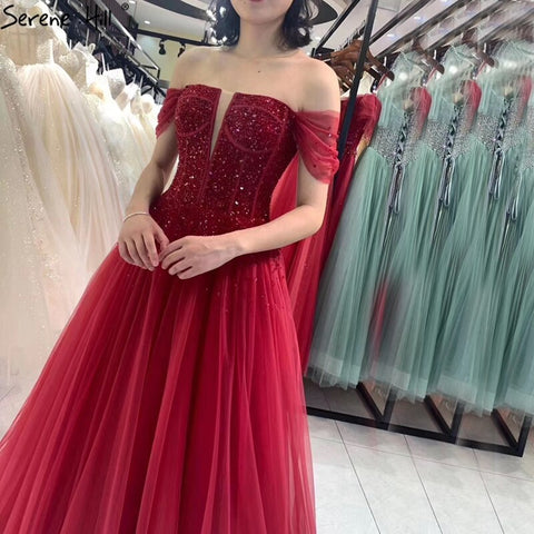 On Sale no return no refundDubai Red A-Line Sexy Sleeveless Evening Dresses 2025 Off Shoulder Beading Sparkle Formal Dress LA70545