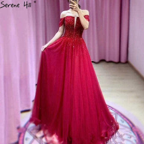 On Sale no return no refundDubai Red A-Line Sexy Sleeveless Evening Dresses 2025 Off Shoulder Beading Sparkle Formal Dress LA70545