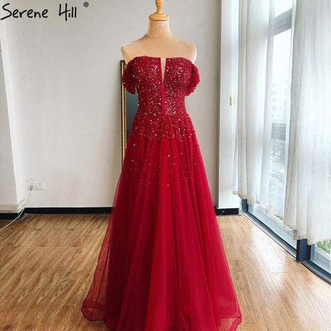 On Sale no return no refundDubai Red A-Line Sexy Sleeveless Evening Dresses 2025 Off Shoulder Beading Sparkle Formal Dress LA70545