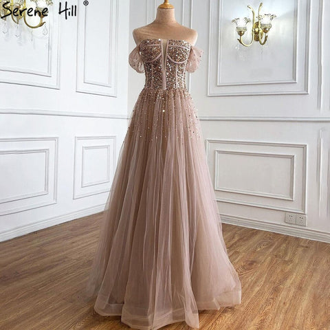 On Sale no return no refundDubai Red A-Line Sexy Sleeveless Evening Dresses 2025 Off Shoulder Beading Sparkle Formal Dress LA70545