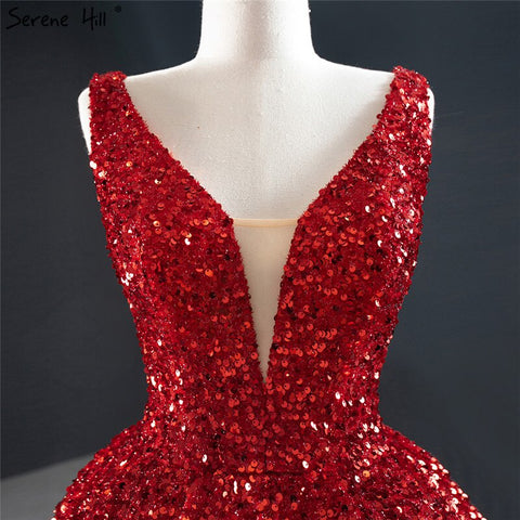 Dubai Red Deep-V Luxury Sexy Evening Dresses 2025 Sleeveless Sequins Asymmetrical  Formal Dress HM67126