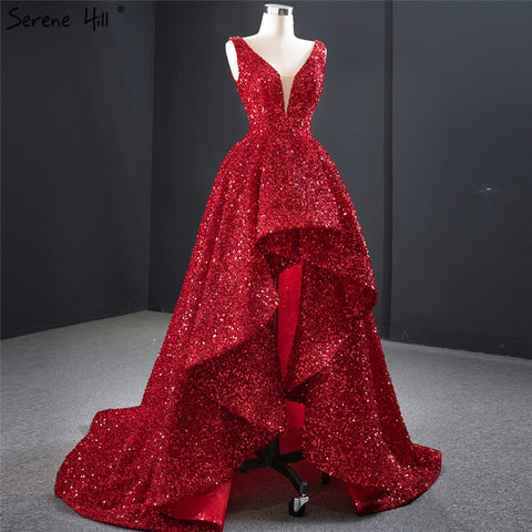 Dubai Red Deep-V Luxury Sexy Evening Dresses 2025 Sleeveless Sequins Asymmetrical  Formal Dress HM67126