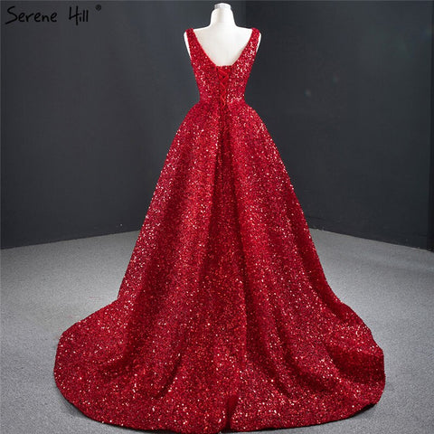 Dubai Red Deep-V Luxury Sexy Evening Dresses 2025 Sleeveless Sequins Asymmetrical  Formal Dress HM67126