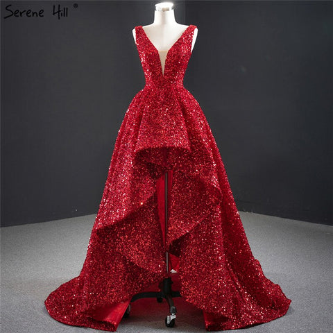 Dubai Red Deep-V Luxury Sexy Evening Dresses 2025 Sleeveless Sequins Asymmetrical  Formal Dress HM67126