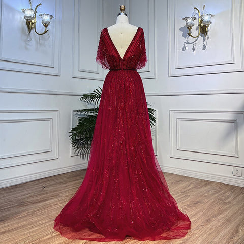 Dubai Red Luxury A-Line Sexy Evening Dresses 2025 Half Sleeves Beading Crystal Formal Dress Design Real Photo LA70458