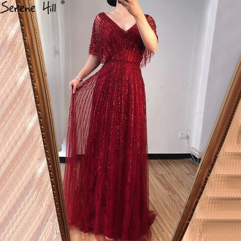 Dubai Red Luxury A-Line Sexy Evening Dresses 2025 Half Sleeves Beading Crystal Formal Dress Design Real Photo LA70458