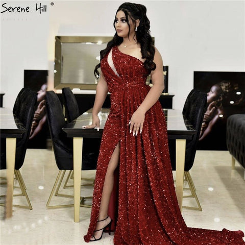 Dubai Red One Shoulder Sexy Evening Dresses 2025 Mermaid Beading Sequins Luxury Formal Dress LA70297