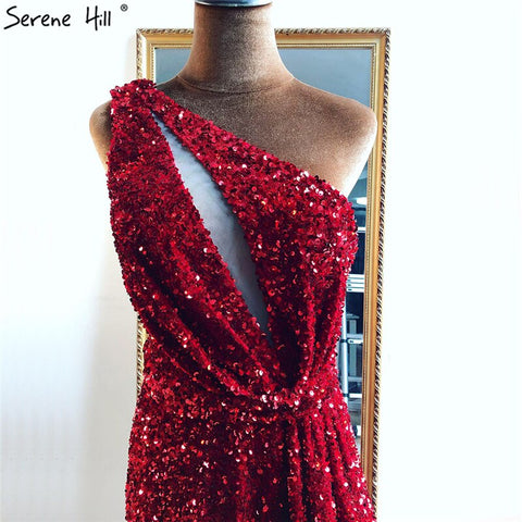 Dubai Red One Shoulder Sexy Evening Dresses 2025 Mermaid Beading Sequins Luxury Formal Dress LA70297