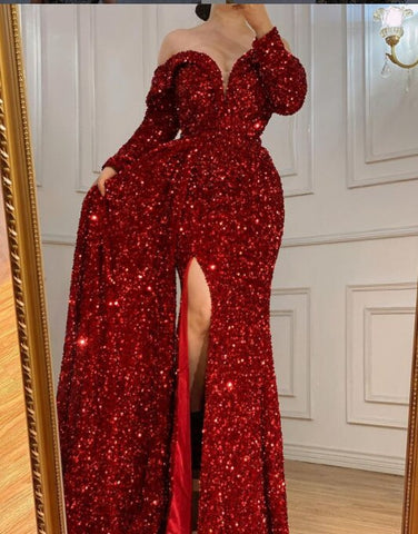 Dubai Red One Shoulder Sexy Evening Dresses 2025 Mermaid Beading Sequins Luxury Formal Dress LA70297