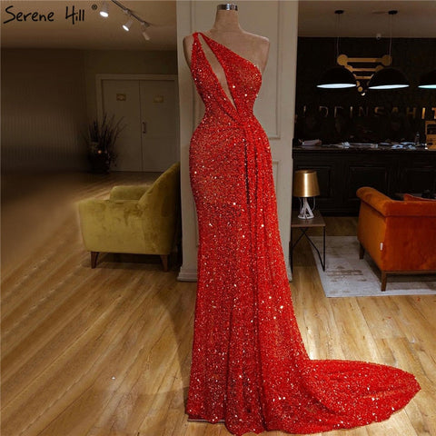 Dubai Red One Shoulder Sexy Evening Dresses 2025 Mermaid Beading Sequins Luxury Formal Dress LA70297