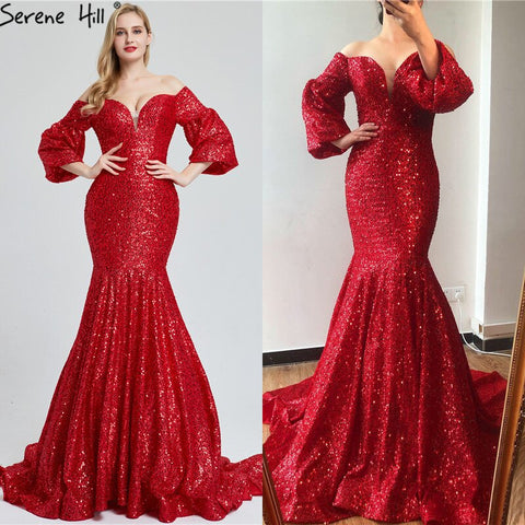 On Sale No Return No Refund Sale Dubai Red Sequined Off Shoulder Sexy Evening Dresses 2025 Latest Design Mermaid Long Sleeves Luxury Evening Gowns LA60993