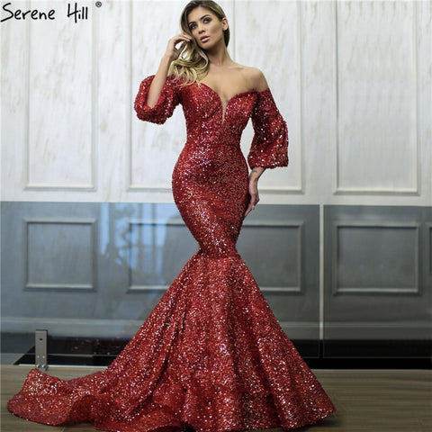 On Sale No Return No Refund Sale Dubai Red Sequined Off Shoulder Sexy Evening Dresses 2025 Latest Design Mermaid Long Sleeves Luxury Evening Gowns LA60993